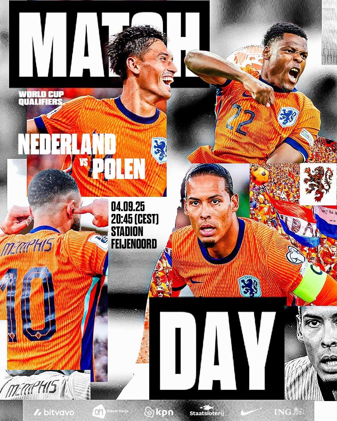 荷兰发布世预赛战波兰预热海报：范戴克、邓弗里斯等出镜